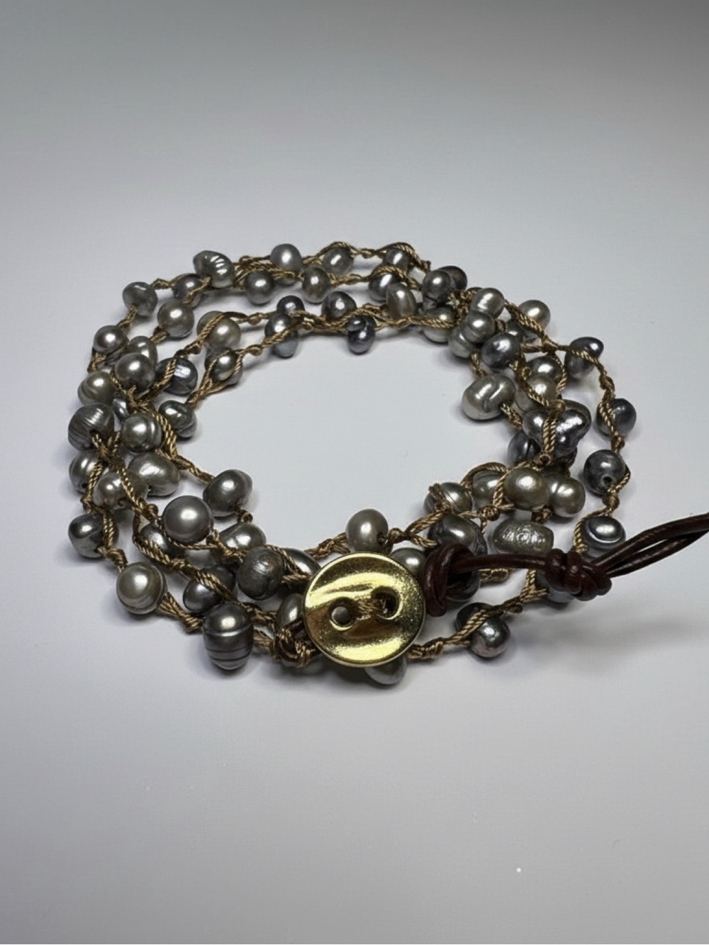 Handmade Grey Pearl Wrap Bracelet with Gold Button Closure